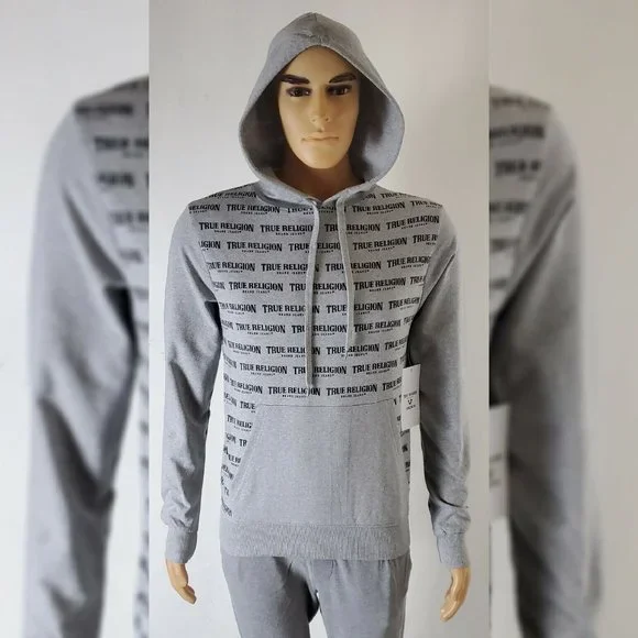 TRUE RELIGION LOUNGEWEAR HODDIE MEN ALLOVER PRINT SCRIPT REPEAT LOGO SIZE S GREY - Picture 11 of 11